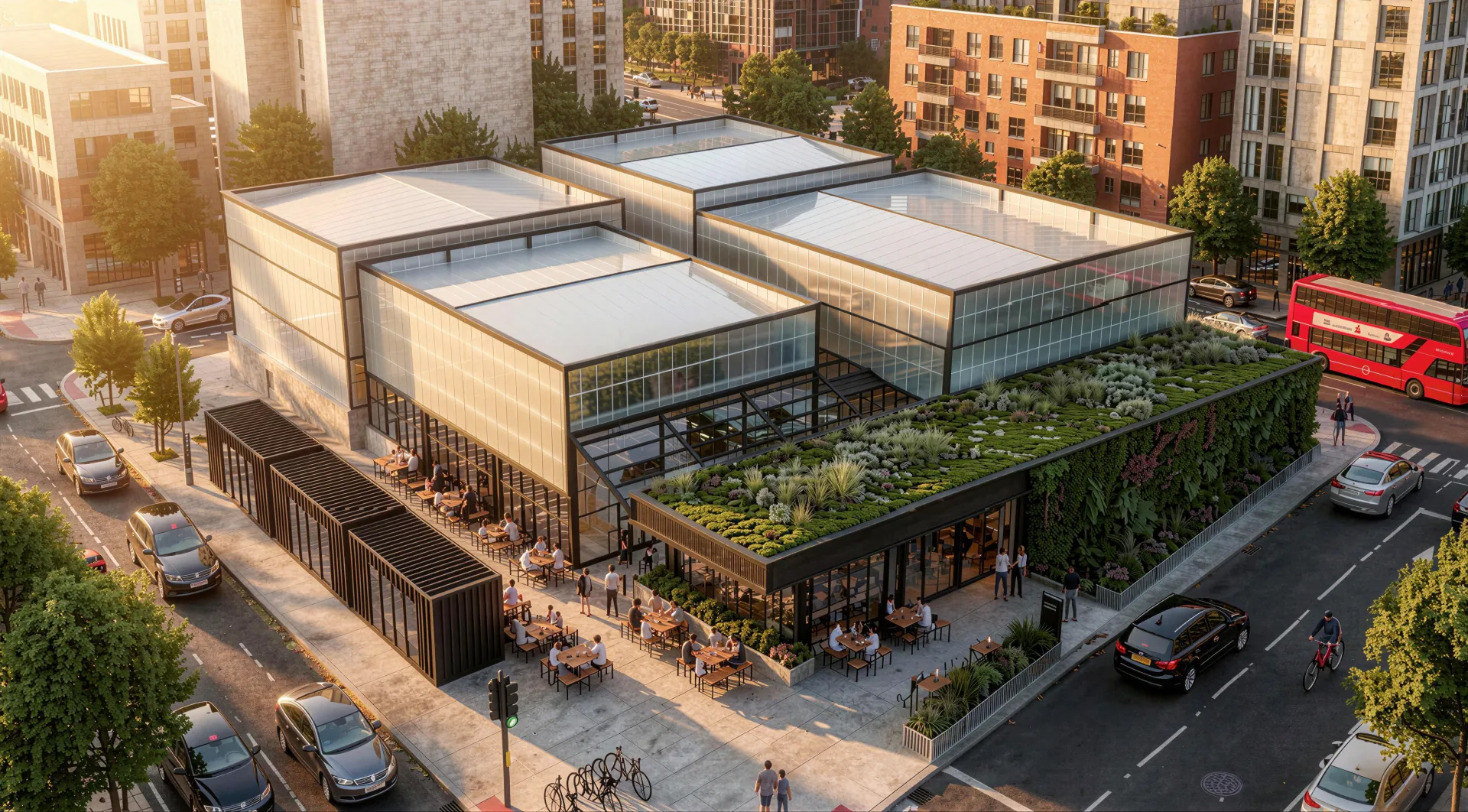 Aerial view of the Rocket Padel Croydon building and outdoor social areas