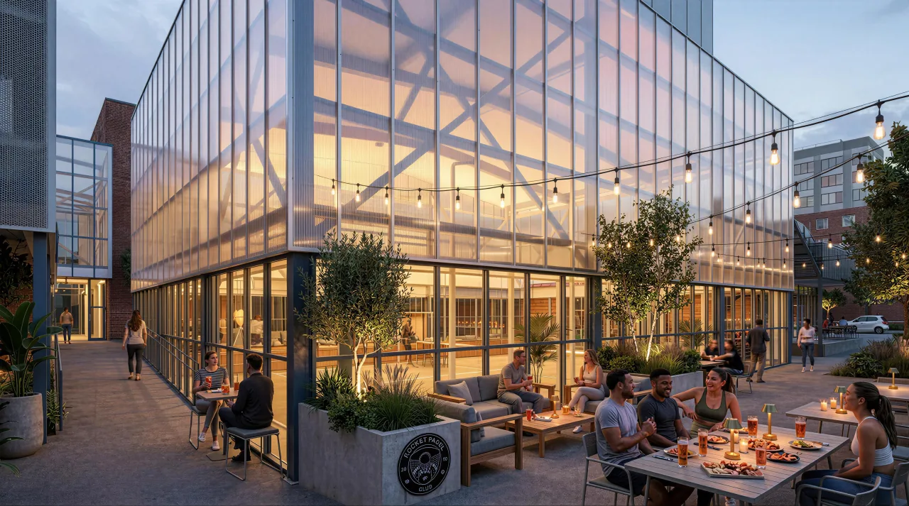 Outdoor dining and social area beside the illuminated Rocket Padel building